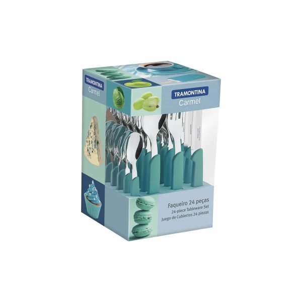 Faqueiro Tramontina Carmel com Lâminas em Aço Inox e Cabos de Polipropileno Turquesa Médio 24 Peças
