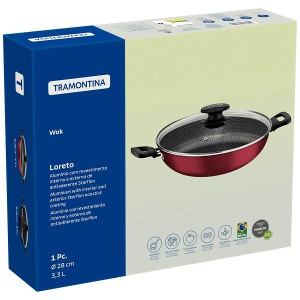 Wok Tramontina Loreto em Alumínio com Revestimento Interno Antiaderente Starflon Max com Tampa de Vidro Vermelha 28 cm 3,3 L